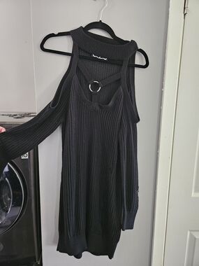 Killstar Black Knit Cold-Shoulder Sweater with Distressed Detailing
